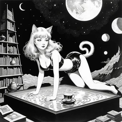Prompt: Virgil Finlay, Eileen Aldridge, Katharine Cameron, Frederick Cayley Robinson, Yoshitaka Amano, Surrealism, wonder, strange, bizarre, fantasy, Sci-fi, Japanese  anime, tea with the cat in the middle of the night, mica library, moonlight cut into a specimen box, sailing ship in the attic, blonde miniskirt beautiful girl Alice, perfect voluminous body, detailed masterpiece 