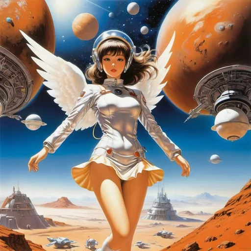 Prompt: Yuho Ashibe, Art Frahm, Hajime Sorayama, Yukari Ichiko, Jurgen Ziewe, Naoyuki Kato, Paul Youll, Surrealism Mysterious Weird Fantastic Fantasy Sci-Fi, Japanese Anime, Miniskirt Beautiful Girl Diving on Mars in the Midday, perfect voluminous body, Beautiful Angel of the Space Colony, detailed masterpiece perspectives bird’s eye views 