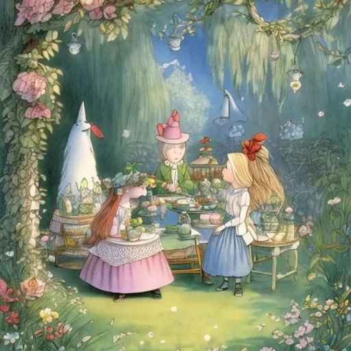 Prompt: Kate Greenaway, Tove Jansson, Heikala, Alice in wonderland, mad Tea party, detailed, high resolution, high definition, high quality, masterpiece 
