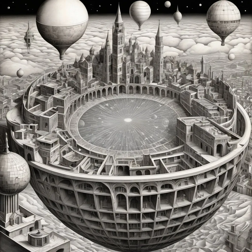Prompt: M C Escher, Else Wenz-Vietor, Surreal, mysterious, strange, fantastical, fantasy, Sci-fi fantasy, anime, blueprint of the earth, perspective, perspective drawing, space, iron (earth), wind, water, life, strata, cross-section of the earth, detailed masterpiece bird’s eye views