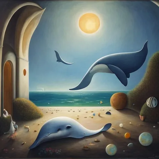 Prompt: Leonora Carrington,  Mabel Lucie Attwell, Margaret Tarrant, moon sleeping in basement, a girl wondering looking for her fate, whale beach, orb, detailed, high quality, high resolution, high definition, masterpiece 