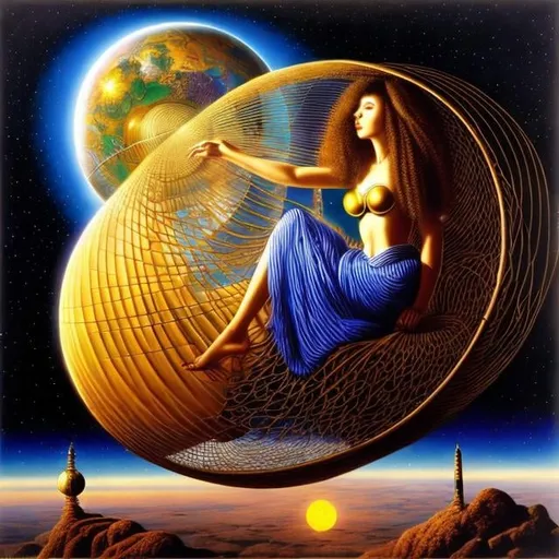 Prompt: Heikala, Mati Klarwein, Surreal, mysterious, strange, fantastical, fantasy, Sci-fi, Japanese anime, wirework moon, flying in a human-powered airplane, world inside a sphere, miniskirt beautiful adventurer, perfect voluminous body, detailed masterpiece cinematic lighting 