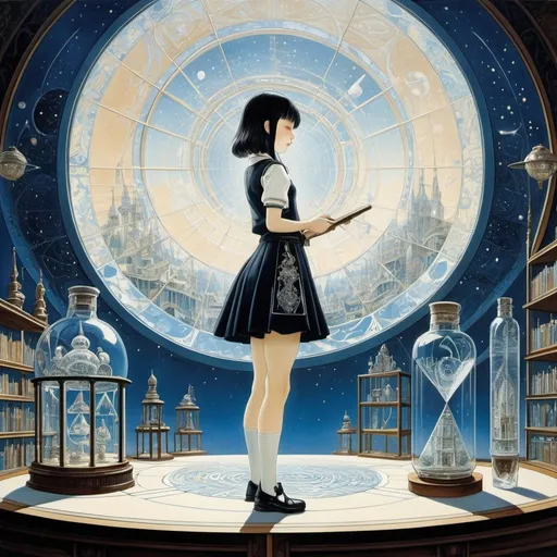 Prompt: Kay Nielsen, Edgar P. Jacobs, Leo Timmers, Surrealism Mysterious Weird Fantastic Fantasy Sci-fi, Japanese Anime, Perspective view of a beautiful high school girl in a miniskirt, Drawing the world with geometry, Blueprint Inside a glass bottle, detailed masterpiece 