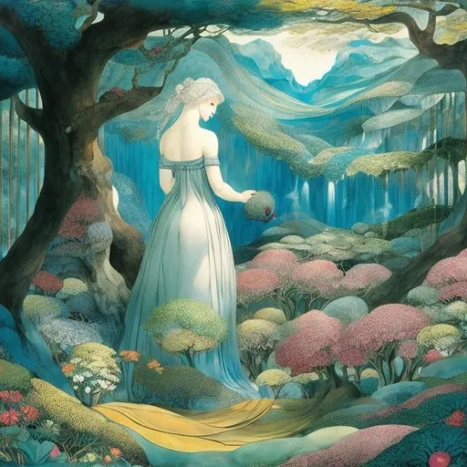 Prompt: William Blake, Anne Anderson. George Barbier, Surreal, mysterious, strange, fantastical, fantasy, Sci-fi, Japan anime. How full of spheres the world is! Spheres are symbols of God, primordial humans, the prototype of the universe, ultimate beauty, life, soul, and love. Walking through the mythical forest botanical girl garden, hyper detailed masterpiece 