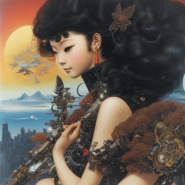 Prompt: Katsuhiro Otomo, Leonor Fini, Surreal, mysterious, strange, fantastical, fantasy, Sci-fi, Japanese anime, a miniskirt beautiful girl who repairs a go-kart type time machine, perfect voluminous body, driving towards tomorrow, detailed masterpiece mechanical 