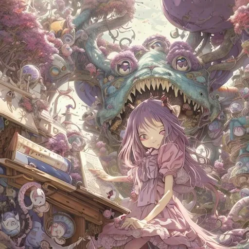 Prompt: Hayao Miyazaki Anime　surreal　wondrous　strange　Whimsical　fanciful　Sci-Fi Fantasy　Girl Alice　Study room at home　Door opens and the Cheshire Cat peeks in Hyper detailed high resolution high quality high definition masterpiece