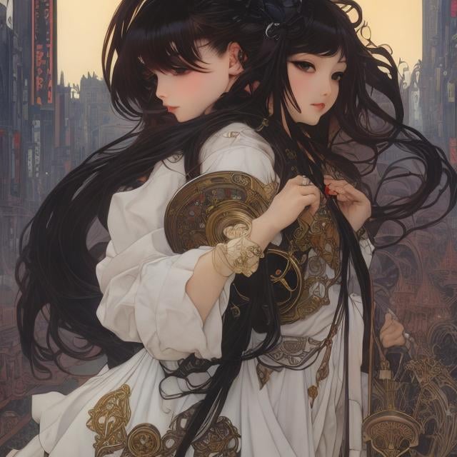 Prompt: Alphonse Mucha, James Jean, Katsuhiro Otomo, Surreal, mysterious, bizarre, fantastical, fantasy, Sci-fi, Japanese anime, beautiful miniskirt vampire queen in a sailor suit, short black hair, cute face, perfect voluminous body, walking the streets of Tokyo at night with her black dog, a huge moon, hyper detailed masterpiece high resolution definition quality, depth of field cinematic lighting 