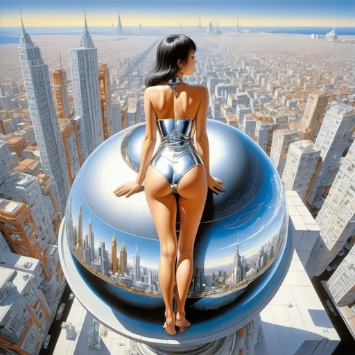 Prompt: Hajime Sorayama, Vladimir Lebedev, Shigeru Hatsuyama, Daniel Špaček, Jean Giraud, Surrealism, strange, bizarre, fantastical, fantasy, Sci-fi, Japanese anime, looking at the world from within a futuristic city model, architectural drawings, visualization of cosmology, the circle of future and past, beautiful high school girl in a miniskirt doing metaphysics, perfect voluminous body, detailed masterpiece extreme angles perspectives 