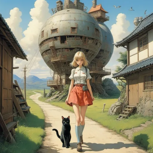 Prompt: Paul Woodroffe, Johann Baptist Zwecker, Surrealism, wonder, strange, bizarre, fantasy, Sci-fi, Japanese anime, primitive library, architecture without interior, territorial surveying, long road home, miniskirt beautiful girl and cat taking a walk, perfect voluminous body, detailed masterpiece 