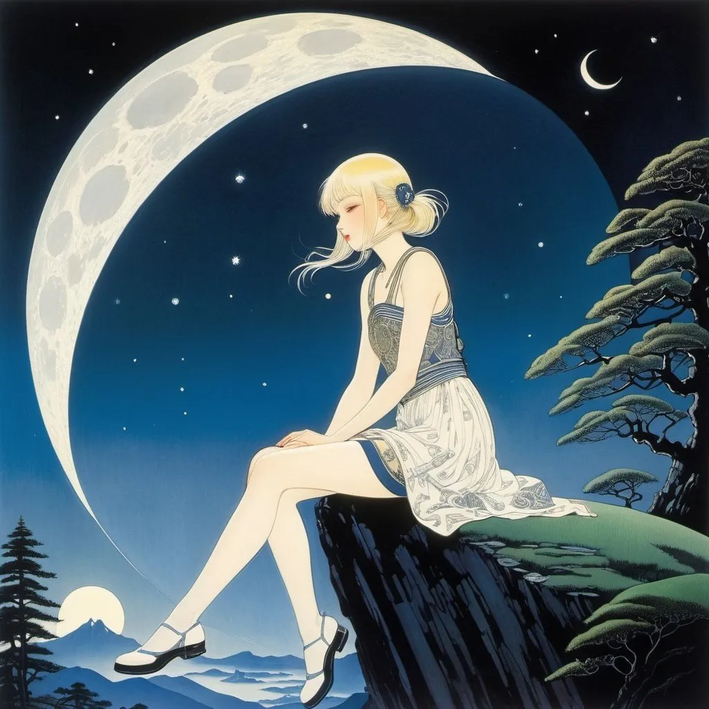 Prompt: Kay Nielsen, Edward Eggleston, Hasui Kawase, Henry Clive, Kazuto Nakazawa, Surrealism Mysterious Weird Fantastic Fantasy Sci-Fi, Japanese Anime, Sleepless Night Reading, Sitting on the Full Moon, Miniskirt Beautiful High School Girl, perfect voluminous body, detailed masterpiece 