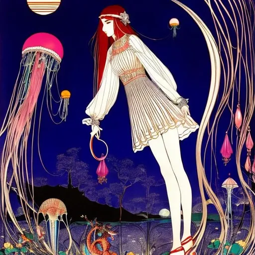 Prompt: Harry Clarke, George Barbier, Surreal mysterious strange fantasy SCI-Fi, Japanese Anime, Glass jellyfish jellyfish Full moon in the daytime. miniskirt beautiful girl high school girl walking with a cat, perfect voluminous body, detailed masterpiece 