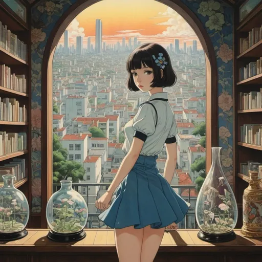 Prompt: Kaichi Kobayashi, Joseph Urban, George Barbier, Franciszek Starowieyski, Surrealism, mysterious, strange, bizarre, fantasy, Sci-fi, Japanese anime, the city behind the sun, a beautiful high school girl in a miniskirt who lives in a glass bottle, perfect voluminous body, and loves morning glories and gramophones, detailed masterpiece 