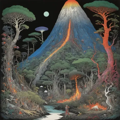 Prompt: Harry Clarke, Pancrace Bessa, Ferdinand Bauer, Mark Catesby, Katsuhiro Otomo, Surrealism, Mysterious, bizarre, fantastical, fantasy, Sci-fi fantasy - Instrumental measurements of topography, weather, geomagnetism, etc. Aspects of nature - Pictorial description of tropical nature - Night life of animals in primeval forests - Structure and operation of volcanoes - Fluid engineering, thermal engineering, Miniskirt Beautiful high school girl researcher, perfect voluminous body, detailed masterpiece hand coloured drawings