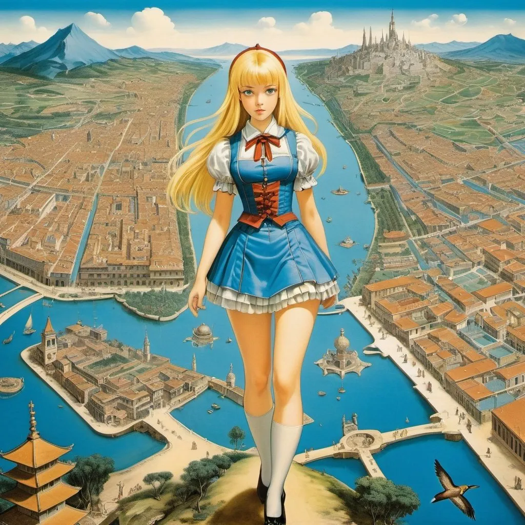 Prompt: Athanasius Kircher, Giuseppe Galli Bibiena, Antonio Sant’Elia, Surreal, mysterious, strange, fantastical, fantasy, Sci-fi, Japanese anime, Utopia on the map, blueprint, perspective, urban planning and ideals, blonde miniskirt beautiful girl Alice, perfect voluminous body, bird's eye view, detailed masterpiece hand drawings colours 