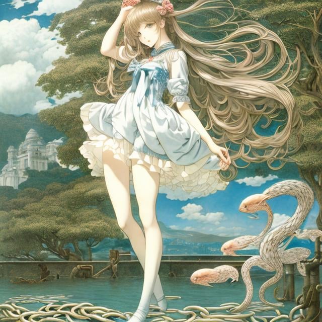Prompt: Walter Crane, Steven Belledin, Surreal, mysterious, strange, fantastic, fantasy, Sci-fi, Japanese anime, chained invisible giant, dance under a rainy day, beautiful high school girl in a miniskirt, perfect voluminous body, detailed masterpiece 