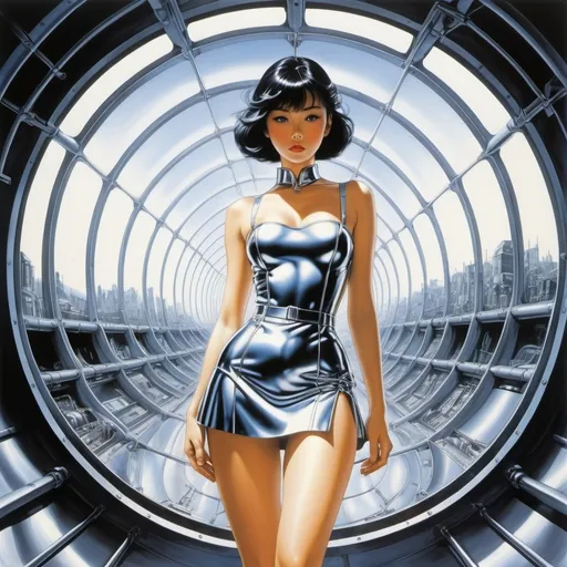 Prompt: Hajime Sorayama, Naoyuki Kato, Thomas Crane, Eleanor Vere Boyle, Pierre Roy,  Surrealism, Mysterious, Weird, Outlandish, Fantasy, Sci-fi, Japanese Anime, My home is on the edge of the field of Helusion, The miniskirt princess who loves the night, Mysterious shell tunnel, The unification of electricity and magnetism, detailed masterpiece 