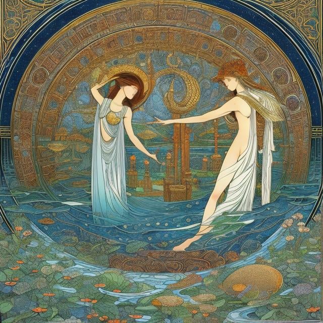 Prompt: Walter Crane, Ivan Bilibin,  Surreal, mysterious, strange, fantastical, fantasy, Sci-fi fantasy anime ``What is existence?'' ``What is non-existence?'' ``What is time?'' ``What is space?'' ``What is human being?'' Inside the pupil, the seeds of devices and thoughts A man obsessed with time, a time cutting machine, detailed masterpiece depth of field cinematic lighting 