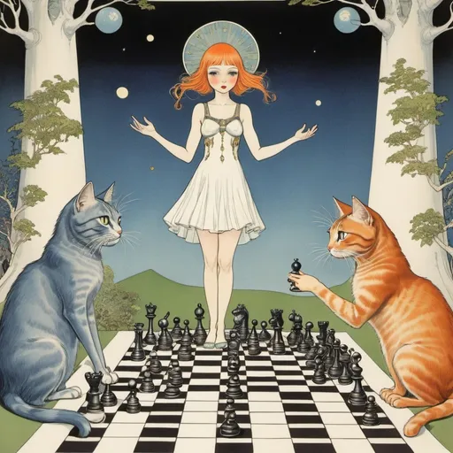 Prompt: Virginia Frances Sterrett, Elsa Beskow, Takako Hirai, Surreal, mysterious, strange, fantastical, fantasy, sci-fi, Japanese anime, an endless game of chess, an adventure in a fairyland invited by a miniskirt girl with a cat, perfect voluminous body, a spaceship, detailed Masterpiece hand coloured drawings 