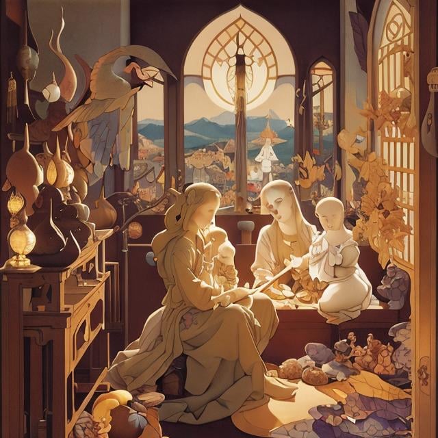 Prompt: Michael Parkes, Nicholas Roerich, Sibylle von Olfers, Japanese anime, manga lines, rocket in basement, microcosm of child’s room, summer turning autumn, candle, hyperdetailed high resolution high quality high definition masterpiece 