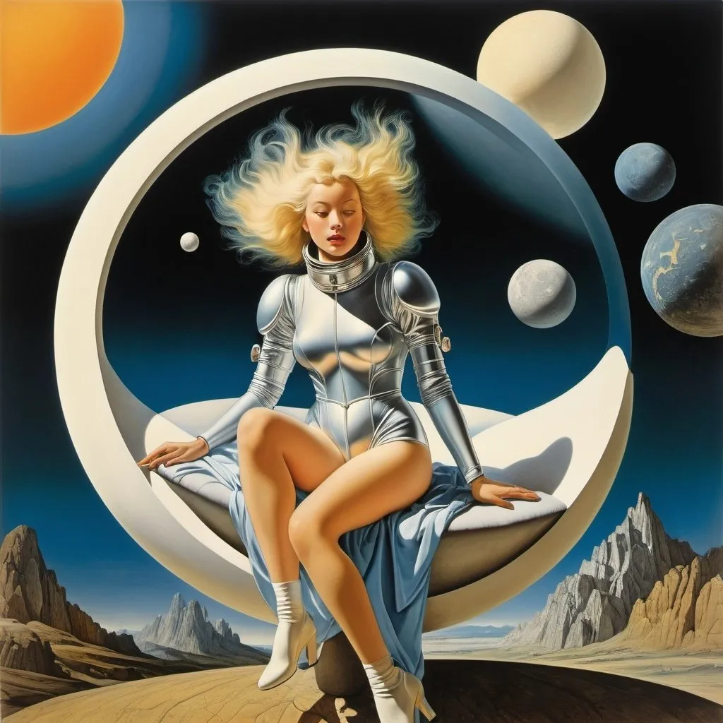 Prompt: Lou Fine, Hans Bellmer, Pieter Jansz. Saenredam, Lebbeus Woods, Eero Saarinen, full colours, Surrealism, wonder, strange, bizarre, fantasy, Sci-fi, Japanese anime, aerial amphitheater, diagonally intersecting elliptical moon orbits, beautiful girl in a space suit, perfect voluminous body, detailed masterpiece angles perspectives low high