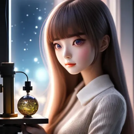 Prompt: Miki Katoh, Erna Rosenstein, surreal, mysterious, strange, fantastical, fantasy, Sci-fi fantasy, anime, Diatom Art Museum, small, small, world of glass, beautiful girl behind the microscope, perfect voluminous body. Detailed masterpiece 