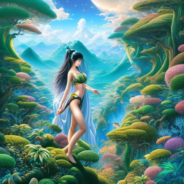 Prompt: Riyoko Ikeda, Nathan Altman, Surreal, mysterious, bizarre, fantastical, fantasy, Sci-fi, Japanese anime, bookshelf expedition, dream of reason, spiral journey, European avant-garde, beautiful tropical nature girl, perfect voluminous body, indigenous magic and mythology, detailed masterpiece 