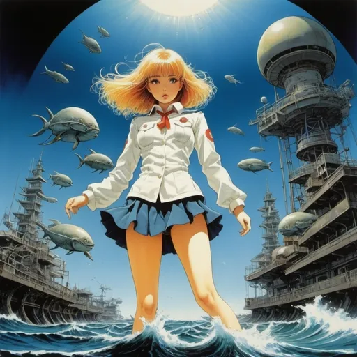 Prompt: Katsuhiro Otomo, August Endell, Junaida, P. J. Lynch, Surrealism Mysterious Weird Don Maitz, Fantastic Fantasy Sci-fi, Japanese Anime, Opera on the Waves, Sea Creatures, Miniskirt Beautiful High School Girl, perfect voluminous body, detailed masterpiece 