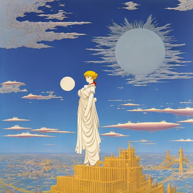 Prompt:  Winsor McCay, AcE Marty, Surreal Anime Mysterious Bizarre Fantastic Fantasy Sci-Fi Fantasy, solo beautiful lady, perfect body, Twenty-two Bridges Sixty-six Crown Bands Footprints, Distant Thunder, Pinnacles, Kaiji, Nightfall, Sea of ​​Clouds, Blue Formation fills the sky with a thick circle, Tenchu ​​Kuara