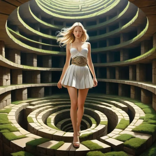 Prompt: Hannes Bok, Pieter Neefs the Elder, Surreal, mysterious, strange, fantastical, fantasy, Sci-fi, Japanese anime, topological composition, miniskirt beautiful goddess in a wandering moving labyrinth, perfect voluminous body, detailed masterpiece 