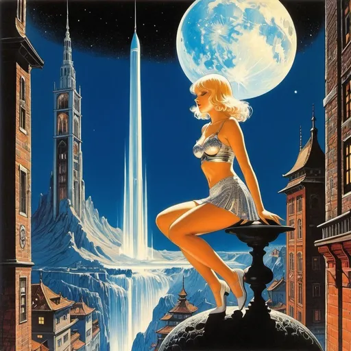 Prompt: František Štorm, Virgil Finlay full colours, Kay Nielsen, Renáta Fučíková, Beresford Egan, Surrealism Mysterious Weird Fantastic Fantasy Sci-Fi, Japanese Anime, Study Universe Desk, Manuscript Paper, Fountain Pen, Pencil Globe Night Desk Scenery and City Miniskirt Beautiful High School Girl, perfect voluminous body, detailed masterpiece 