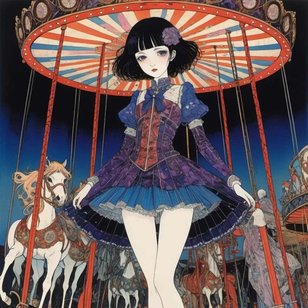 Prompt: Harry Clarke, Racey Helps, Surreal, mysterious, bizarre, fantastical, fantasy, sci-fi, Japanese anime, dark slopes and beautiful girls in miniskirts, perfect voluminous body, adventure around a carousel, detailed masterpiece 