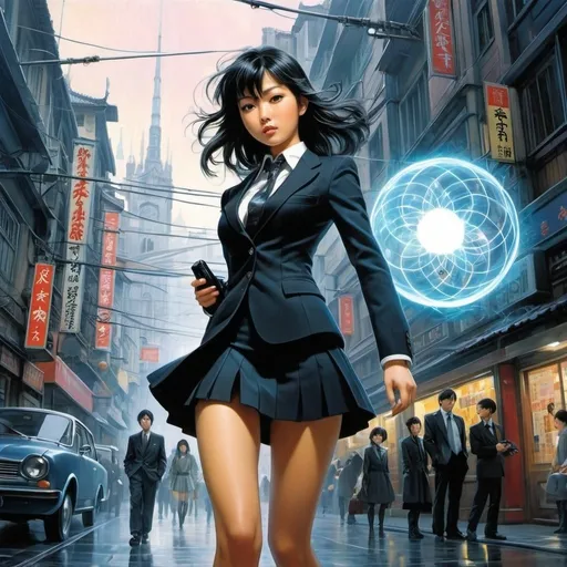 Prompt: Toshihiro Kawamoto, Dugald Stewart Walker, Inka Essenhigh, Terri Windling, Duncan Fegredo, Surrealism, mysterious, bizarre, fantastical, fantasy, Sci-fi, Japanese anime, tableau universe of "things", electric energy and miniskirt beautiful girl detective, perfect voluminous body, bern able to see is so much fun, detailed masterpiece low high angles perspectives 