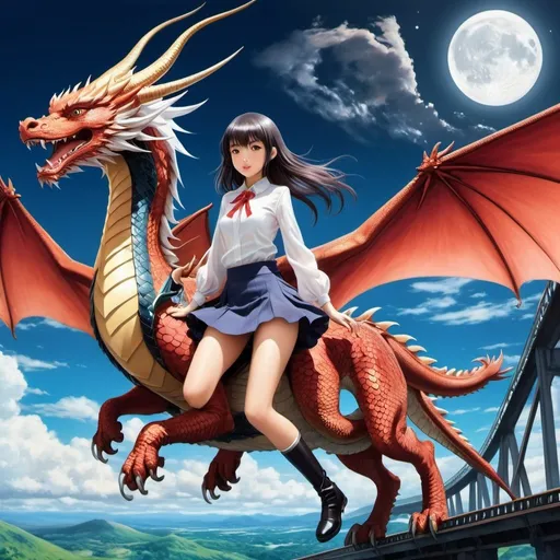 Prompt: Sergei Soudeikine, Kotomi Aoki, Surreal, mysterious, strange, fantastical, fantasy, Sci-fi, Japanese anime, miniskirt beautiful girl riding a dragon, perfect voluminous body, bird's eye view, bridge to the moon, detailed masterpiece 