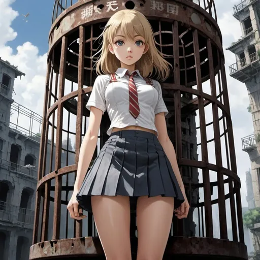 Prompt: Nicole Rubel, Katsuji Matsumoto, Surrealism, wonder, strange, bizarre, fantasy, Sci-fi, Japanese anime, broken mechanical tower in a cage, regenerating ruins, balance between light and darkness, beautiful high school girl in a miniskirt in front of a cage, perfect voluminous body, detailed masterpiece 