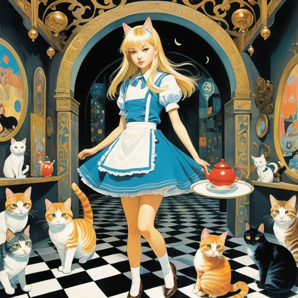 Prompt: Richard Bober, Jo Chen, Jill Bauman, Brecht Evens, Surrealism, Mysterious, Weird, Outlandish, Fantasy, Sci-Fi, Japanese Anime, Alice, a beautiful blonde miniskirt girl who enters the labyrinth of paintings with a cat, perfect voluminous body. looking for a tea party, detailed masterpiece 