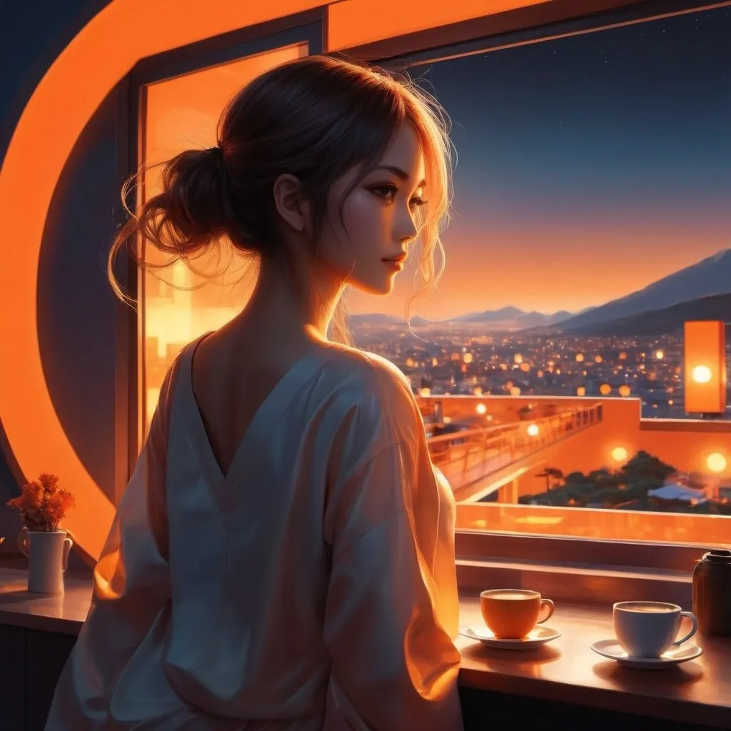 Prompt: Dimitri Petrov, Leo Morey, Surreal, mysterious, bizarre, fantastic, fantasy, sci-fi, Japanese anime. Orange lights are shining carelessly. The popularity has faded, and the exit is closing. The song that is playing on the speakers right now is over. When this song of struggle is over, it's time to turn your back. But these feet don't want to go back, so let's save the last dance. A quiet theme park where the sun has set. A huge coffee cup. Let's go around this beautiful girl, perfect body, detailed masterpiece 