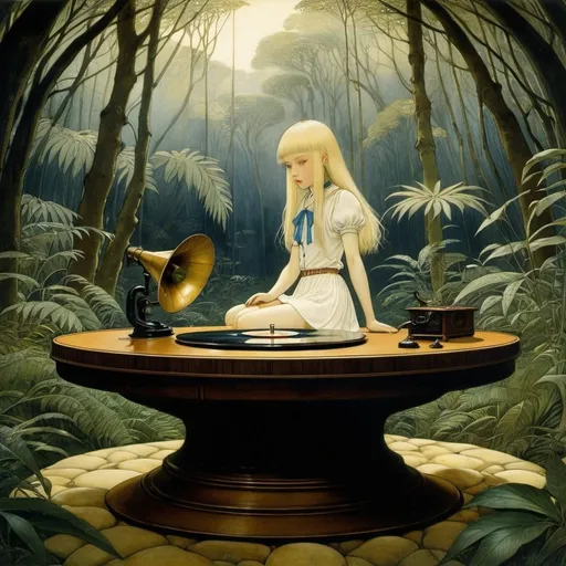 Prompt: Heikala, John Bauer, Surrealism, wonder, strange, fantastical, fantasy, Sci-fi, Japanese anime, quill, phonograph, jungle in the study, blonde miniskirt beautiful girl Alice, perfect voluminous body, detailed masterpiece perspectives angles 