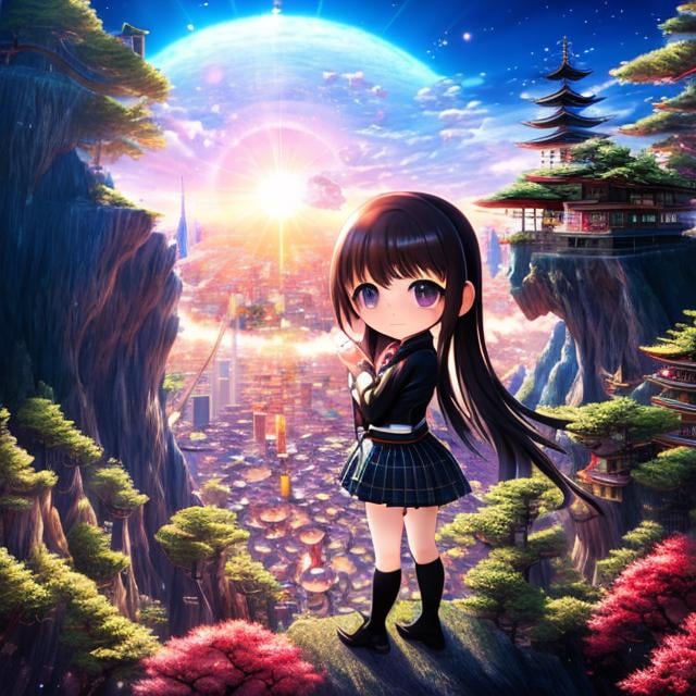 Prompt: Takashi Itō, Wenzel Jamnitzer, Surreal, mysterious, bizarre, fantastical, fantasy, Sci-fi, Japanese anime, wind-up taxi, beautiful high school girl in a miniskirt, perfect voluminous body, connection between the inside of the earth and the universe, inside the clock, detailed masterpiece 