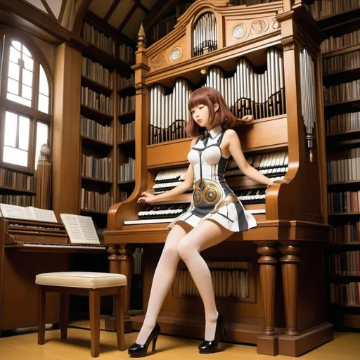 Prompt: Rotraut Susanne Berner, Chiho Saito, jamese Jean, Rie Cramer, Seiichi Hayashi, Surrealism, strange, bizarre, fantastical, fantasy, Sci-fi, Japanese anime, library and printing technology, miniskirt beautiful girl playing the organ, perfect voluminous body, space tree, detailed masterpiece 