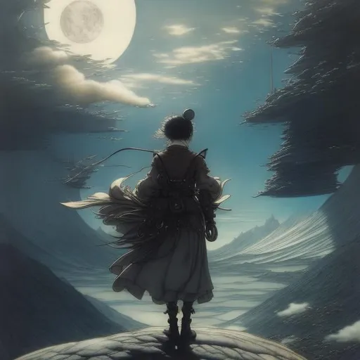 Prompt: Okamoto Ippei, Arthur Rackham, Surreal, mysterious, bizarre, fantastical, fantasy, Sci-fi, Japanese anime, woodworking, spaceship, do-it-yourself, inventive, miniskirt beautiful girl, perfect body, heading for the moon, blue sky, white clouds, detailed masterpiece 