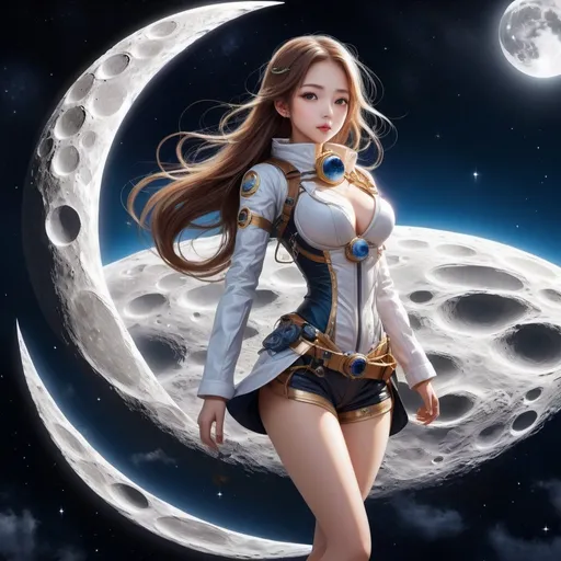 Prompt: Mysterious Weird Fantastic Fantasy Sci-Fi Fantasy Anime Surrealism Machine Beautiful Girl Climbing the Moon, perfect voluminous body, detailed masterpiece perspectives angles bird’s eye view looking up looking down sharp focus 