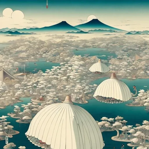 Prompt: Ukiyo-e style, Haro Aso, Anton Pieck, surreal anime world inside a shell day and night, detailed masterpiece depth of field cinematic lighting sharp focus perspectives wide angles Bird’s eye view