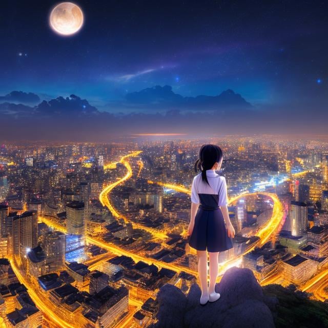 Prompt: Shigeru Tamura, Keiko Takemiya, Surreal, mysterious, strange, fantastical, fantasy, sci-fi, Japanese anime, miniskirt beautiful girl visitor from the night sky, perfect voluminous body, city night view swimming in the air with falling stars, 