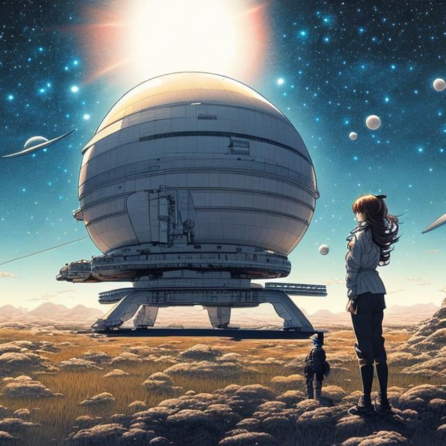 Prompt: 　Katsuhiro Otomo style, manga lines, detailed, sci-fi fantasy, surreal, weird, huge moon, astronomical telescope, girl observing celestial world, rays of light, spaceship