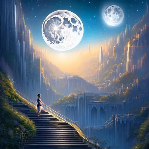 Prompt: John Stephens style, huge moon over sky, endless stair seems to reach to the moon, see galaxy in background, girl climbing stair, sci-fi, fantasy, anime,