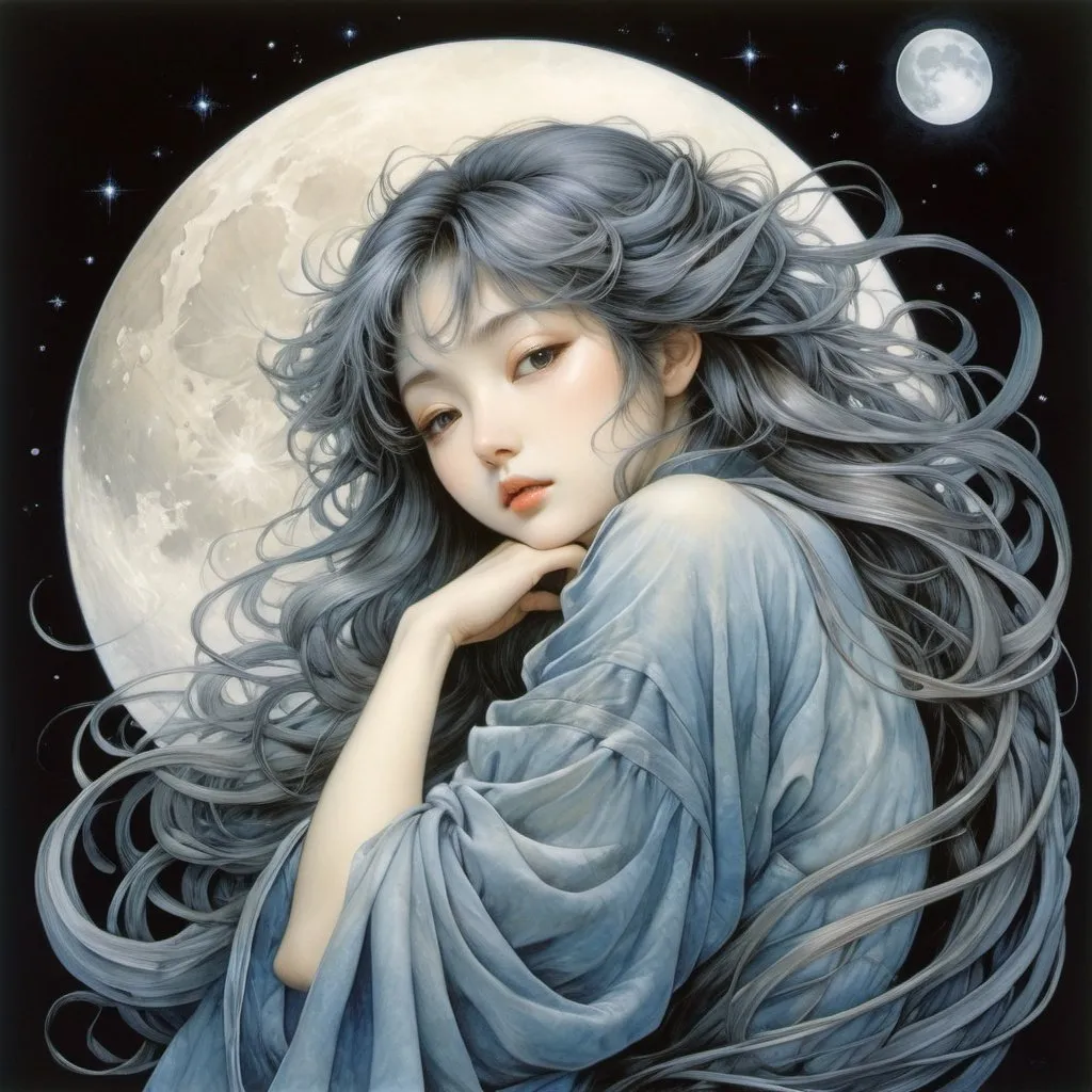 Prompt: Kenji Tsuruta, Brian Froud, Yoshitaka Amano, Surreal, mysterious, strange, fantastical, fantasy, Sci-fi, Japanese anime, beautiful girl curled up like a cat, perfect voluminous body, Balance, full moon, detailed masterpiece hand colour drawings 