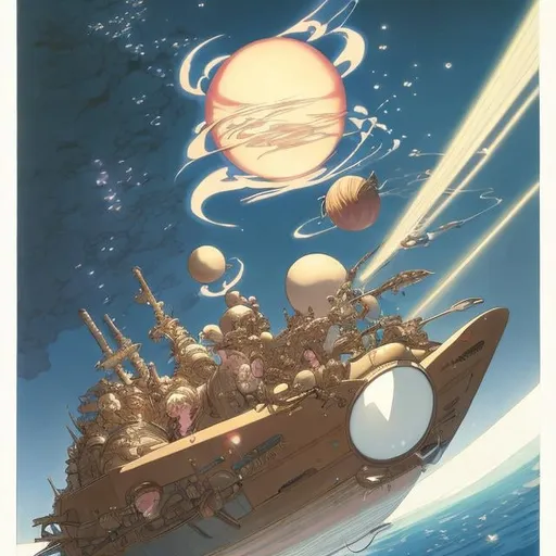 Prompt: Hayao Miyazaki,  Joseph Noel Paton, Jean Giraud, Adam Hughes, Japanese anime, Ship transporting Meteor, hollow sphere, girl’s out, cocktail, hyperdetailed high quality high definition high resolution masterpiece