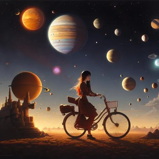 Prompt: Shaun Tan, Larry Elmore, Surreal, mysterious, strange, fantastical, fantasy, Sci-fi, Japanese anime, solar system, miniskirt beautiful high school girl's interplanetary bicycle trip, perfect body, detailed masterpiece 