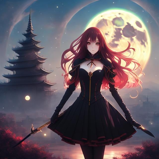 Prompt: Ichigo Takano, Marc Simonetti, Surreal, mysterious, bizarre, fantastical, fantasy, Sci-fi, Japanese anime, full moon night, unbalanced zone, whiplash, eternal life, magic, vampires, inquisition, twin romance, miniskirt beautiful girl who escapes, perfect voluminous body, detailed masterpiece 