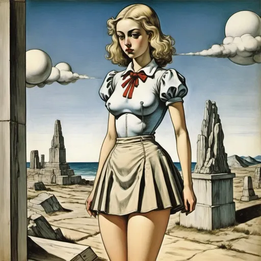 Prompt: Giorgio de Chirico, Arthur Rackham, Surreal, mysterious, bizarre, fantastical, fantasy, sci-fi, Japanese anime Our eyes read people's minds, see through objects, foresee the future, and see the thoughts of the dead. An adventure in visual science. Blonde miniskirt beautiful girl alice, perfect voluminous body, detailed masterpiece 